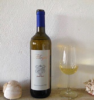 Una bottiglia e un calice di vino bianco "Allegro" di Villa Chiarini Wulf