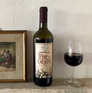 Bottiglia e calice di vino rosso Terre di Carabas