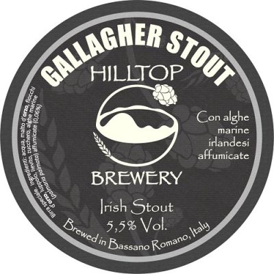 Etichetta della Gallagher Stout, grigia con il logo e le caratteristiche della birra (vedi nel testo)